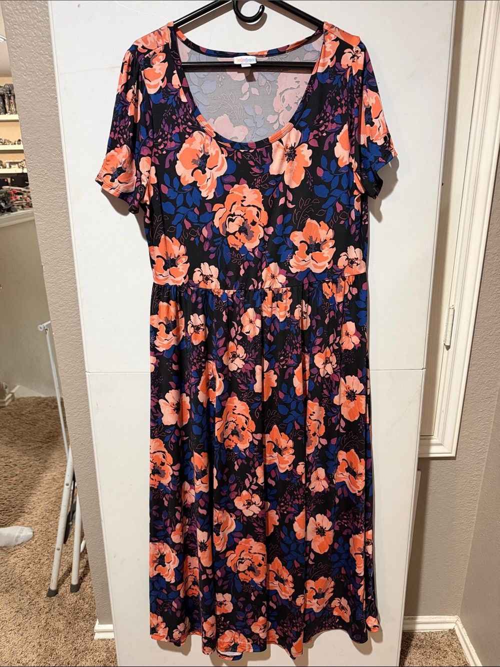 Women's Lularoe Riley 2XL Floral Midi Dress with Orange Bloom